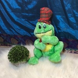 Vtg Brooklyn Dolls stiff stuffed frog with hat 11”